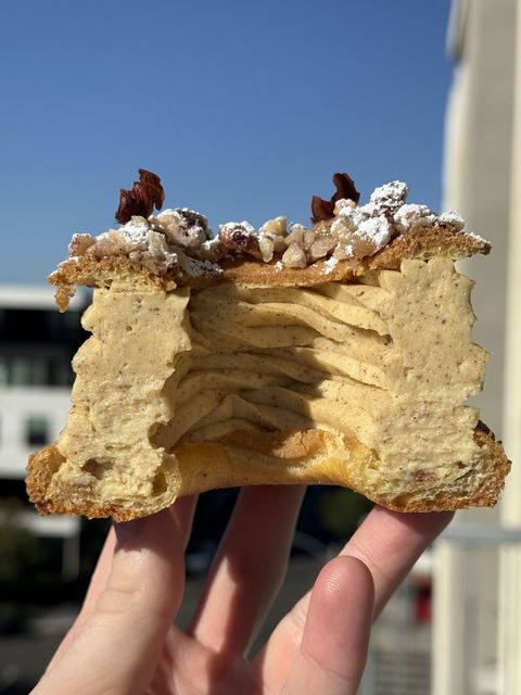 Paris-Brest cross-section showing the praline mousseline inside the choux