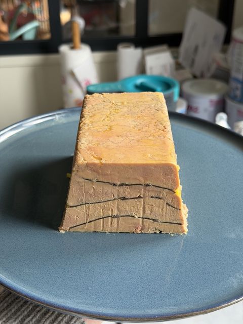 The whole unmoulded foie gras terrine before slicing